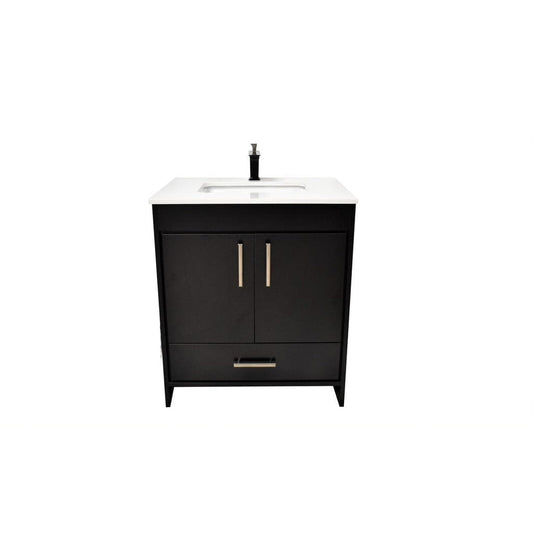 Volpa USA Capri 30" x 22" Black Freestanding Modern Bathroom Vanity With Preinstalled Undermount Sink And White Microstone Top With Brushed Nickel Edge Handles