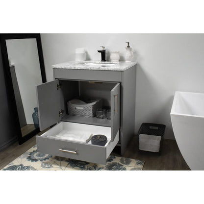 Volpa USA Capri 30" x 22" Gray Freestanding Modern Bathroom Vanity With Preinstalled Undermount Sink And Carrara Marble top With Brushed Nickel Edge Handles