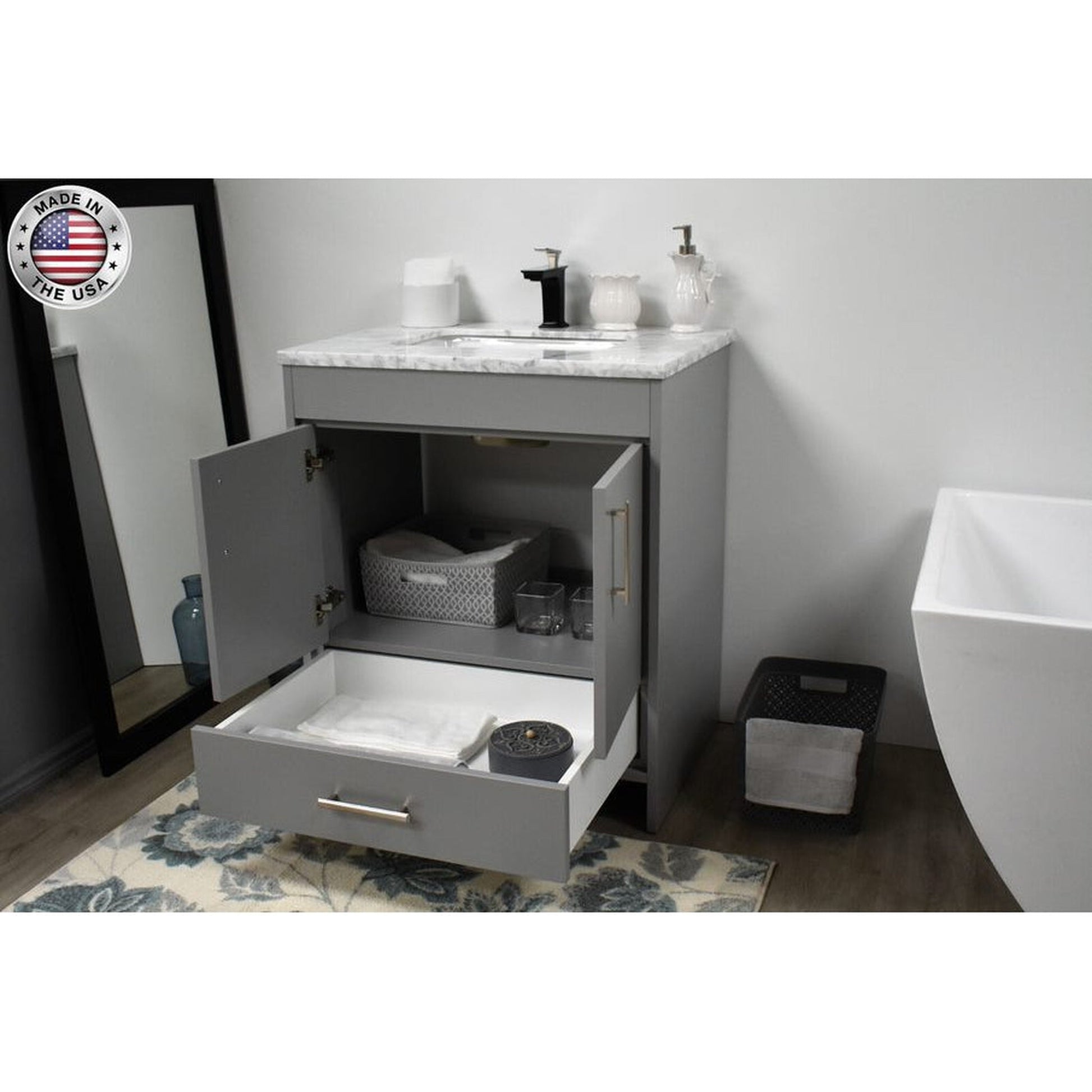 Volpa USA Capri 30" x 22" Gray Freestanding Modern Bathroom Vanity With Preinstalled Undermount Sink And Carrara Marble top With Brushed Nickel Edge Handles