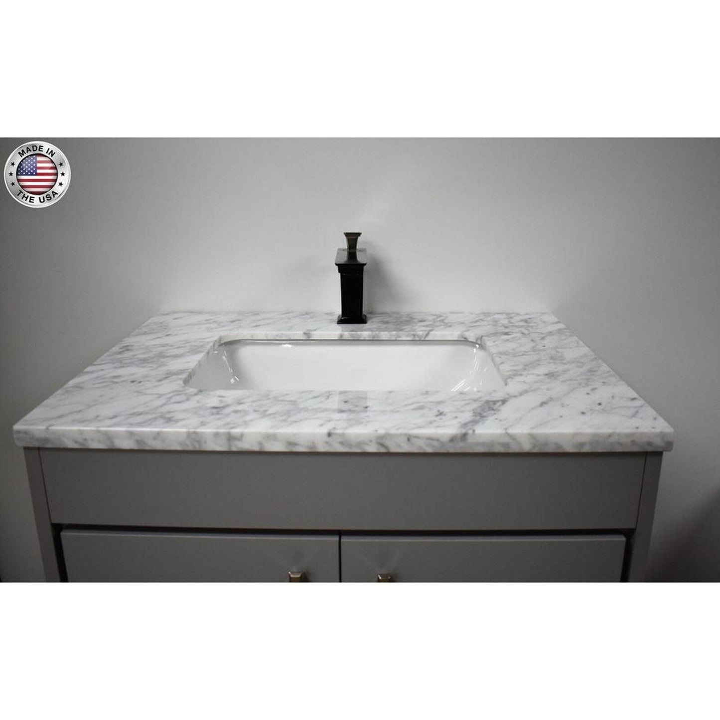 Volpa USA Capri 30" x 22" Gray Freestanding Modern Bathroom Vanity With Preinstalled Undermount Sink And Carrara Marble top With Brushed Nickel Edge Handles