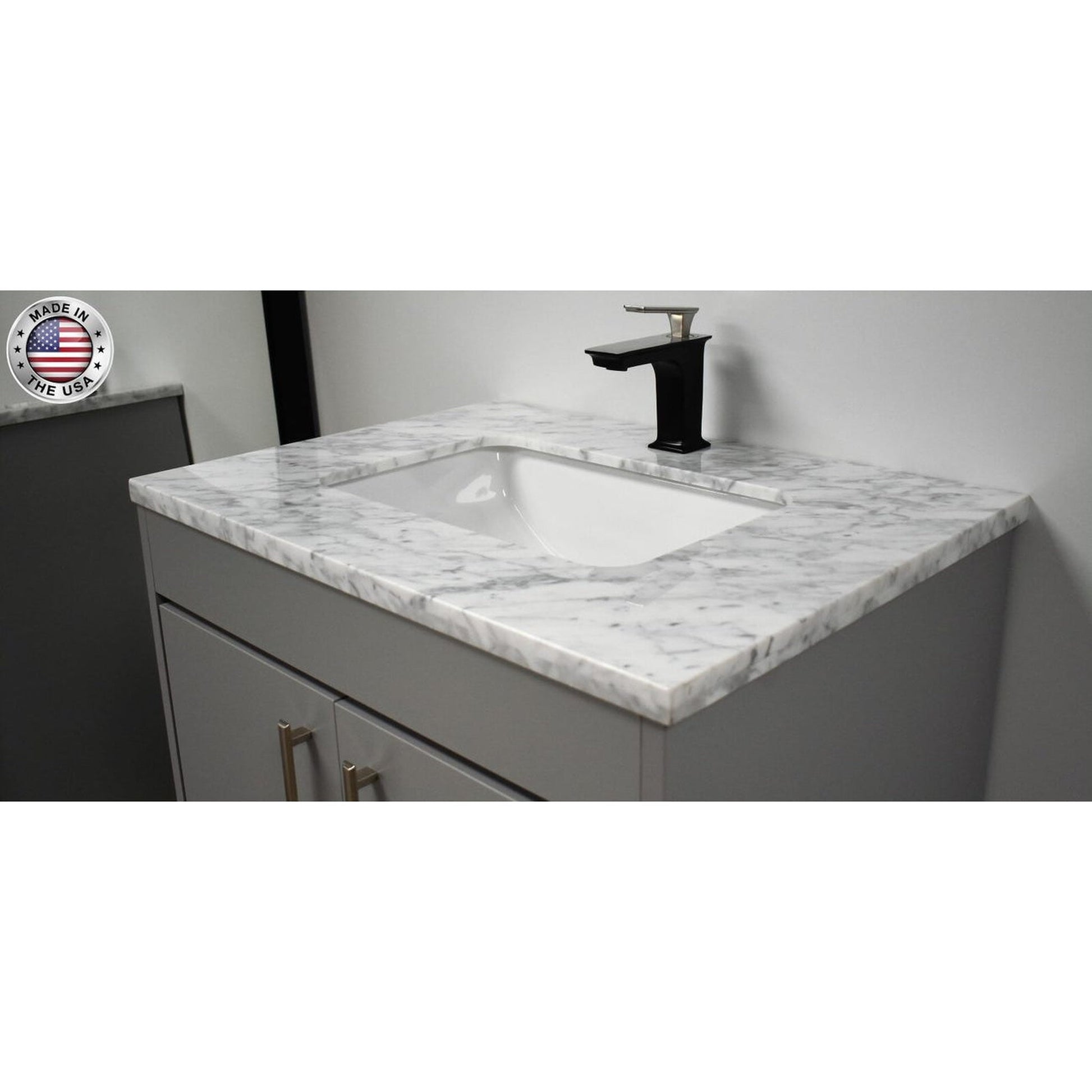 Volpa USA Capri 30" x 22" Gray Freestanding Modern Bathroom Vanity With Preinstalled Undermount Sink And Carrara Marble top With Brushed Nickel Edge Handles