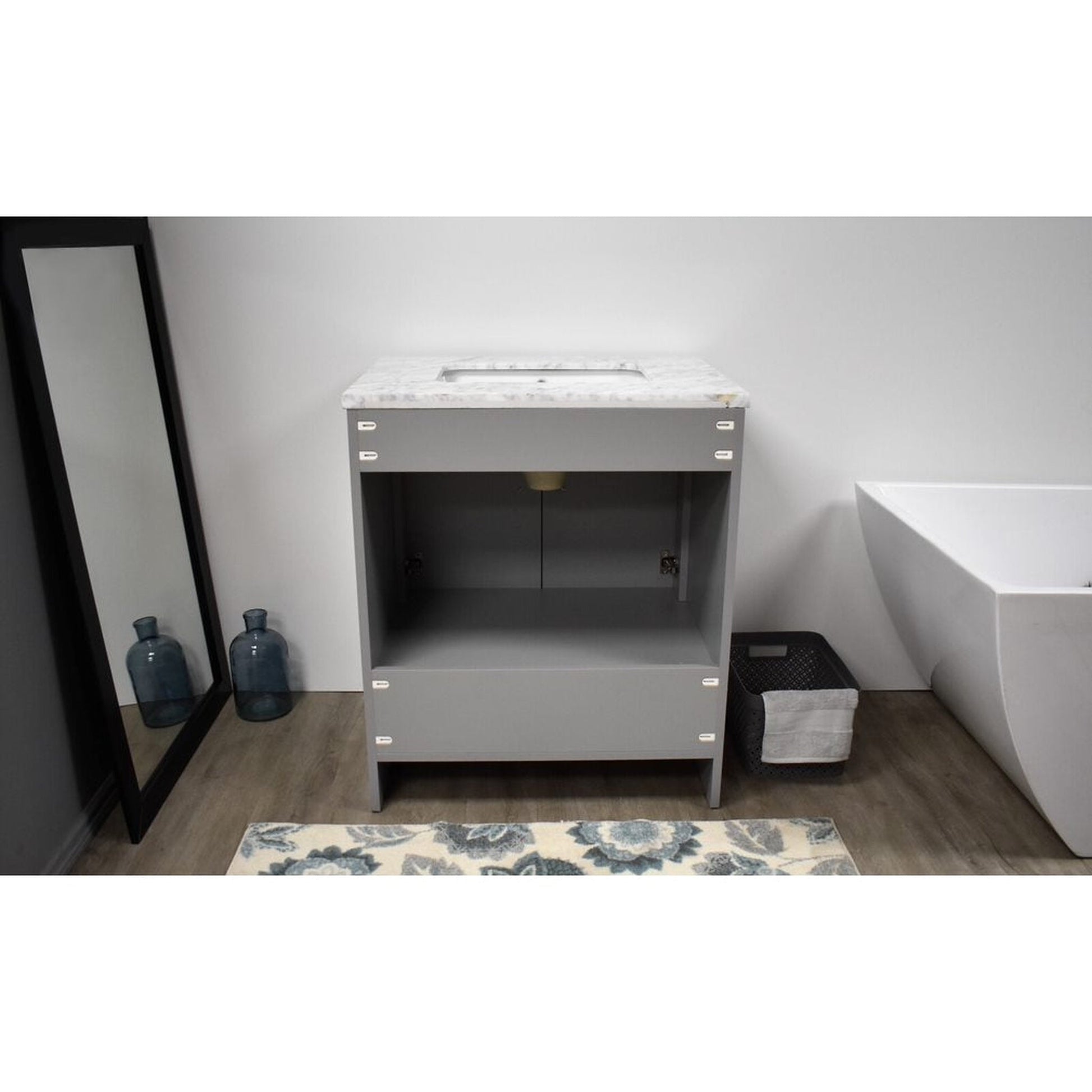 Volpa USA Capri 30" x 22" Gray Freestanding Modern Bathroom Vanity With Preinstalled Undermount Sink And Carrara Marble top With Brushed Nickel Edge Handles