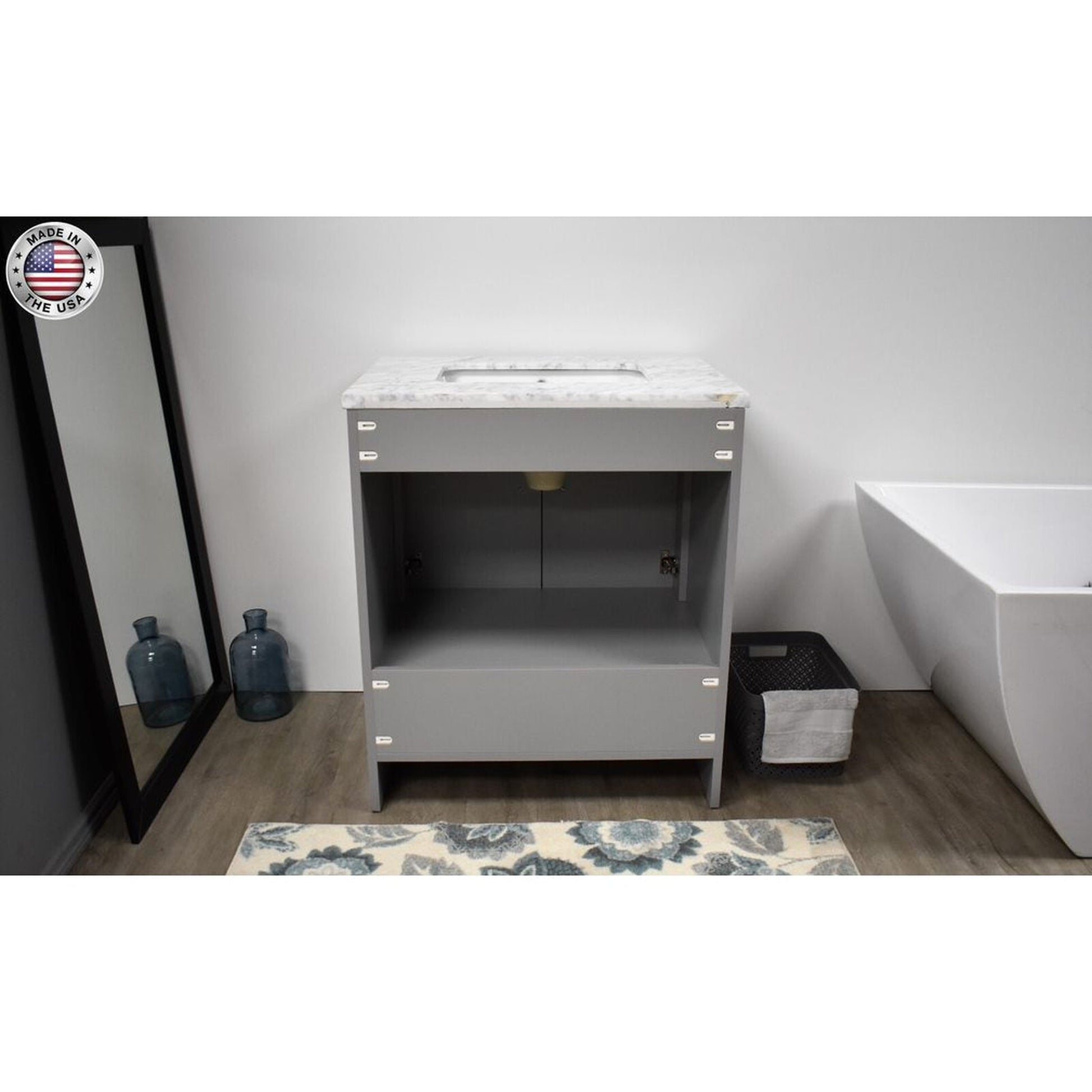 Volpa USA Capri 30" x 22" Gray Freestanding Modern Bathroom Vanity With Preinstalled Undermount Sink And Carrara Marble top With Brushed Nickel Edge Handles