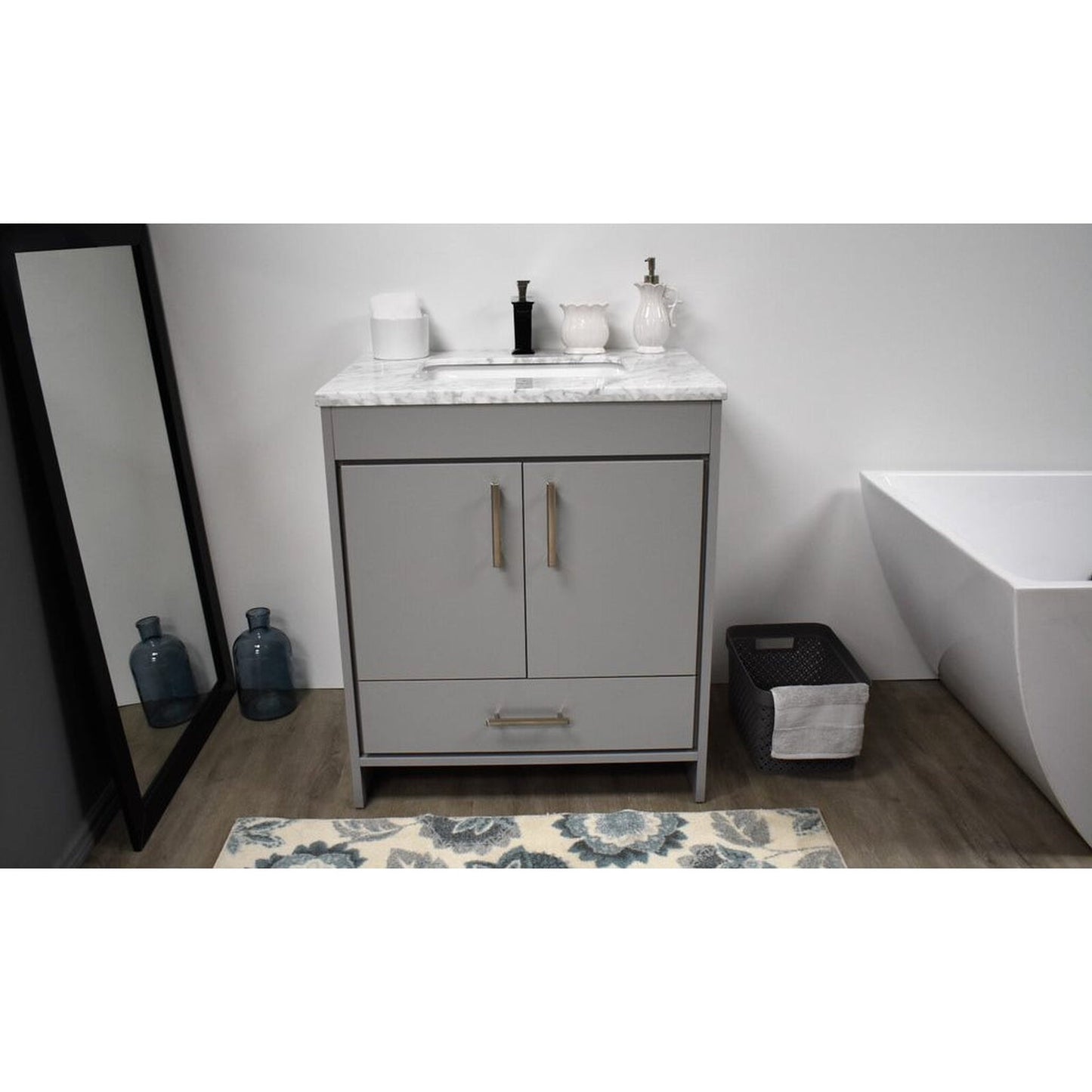 Volpa USA Capri 30" x 22" Gray Freestanding Modern Bathroom Vanity With Preinstalled Undermount Sink And Carrara Marble top With Brushed Nickel Edge Handles