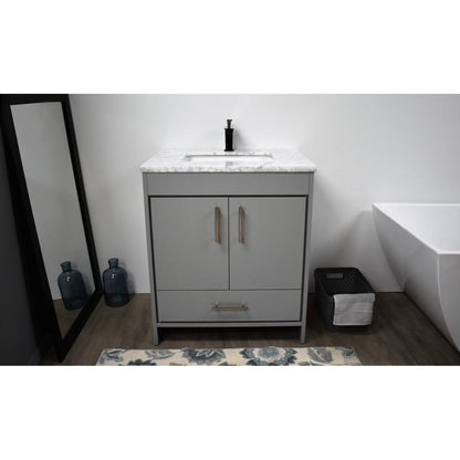 Volpa USA Capri 30" x 22" Gray Freestanding Modern Bathroom Vanity With Preinstalled Undermount Sink And Carrara Marble top With Brushed Nickel Edge Handles