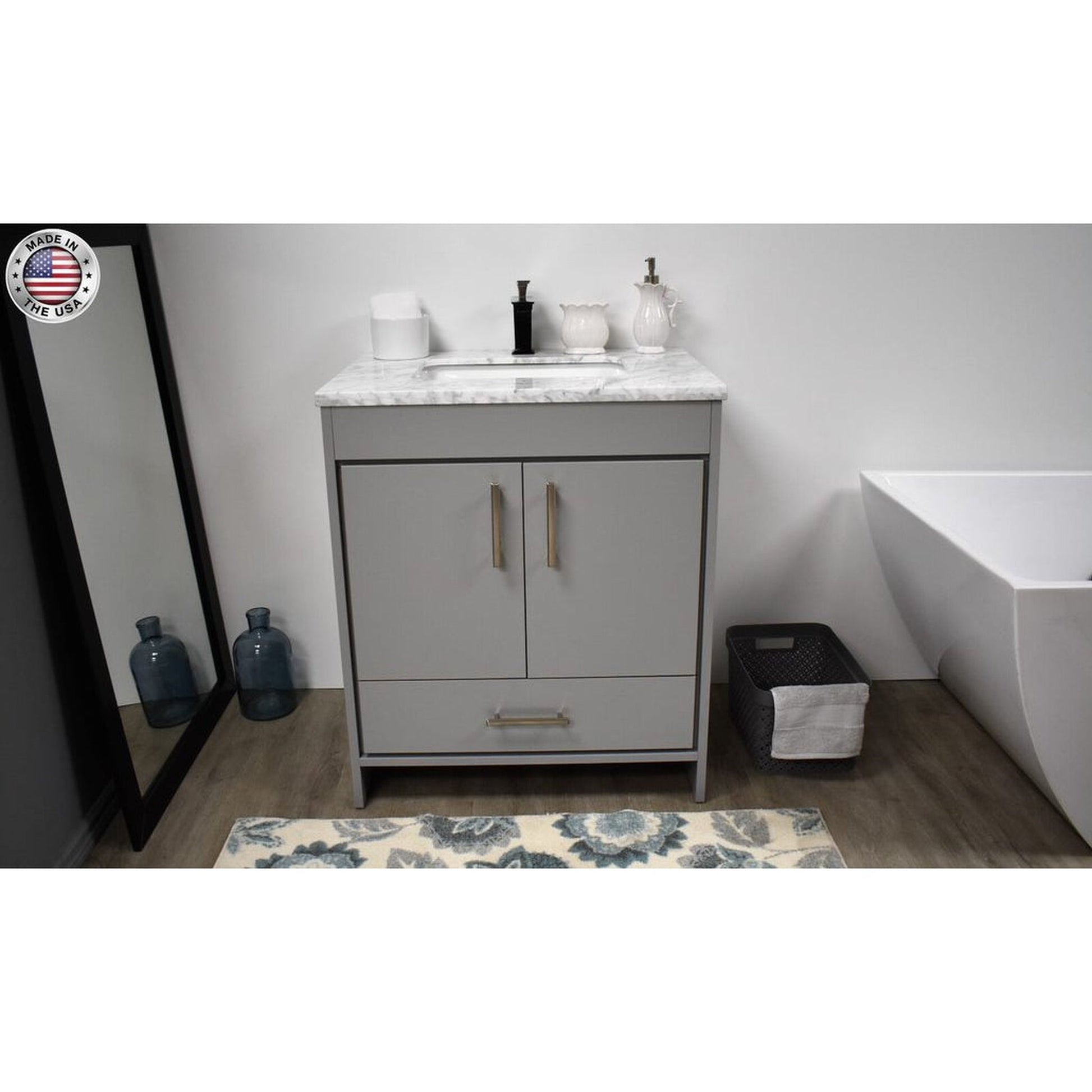 Volpa USA Capri 30" x 22" Gray Freestanding Modern Bathroom Vanity With Preinstalled Undermount Sink And Carrara Marble top With Brushed Nickel Edge Handles