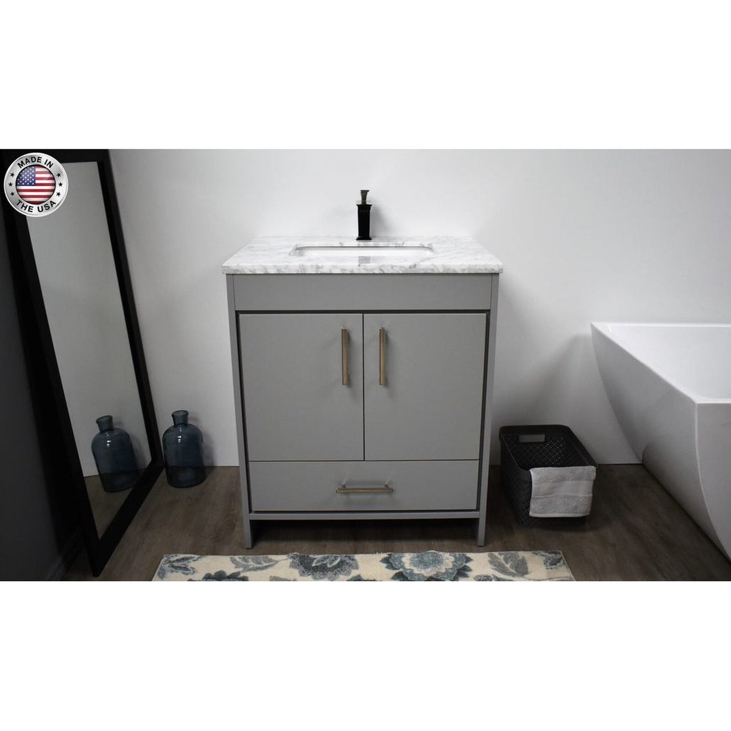 Volpa USA Capri 30" x 22" Gray Freestanding Modern Bathroom Vanity With Preinstalled Undermount Sink And Carrara Marble top With Brushed Nickel Edge Handles