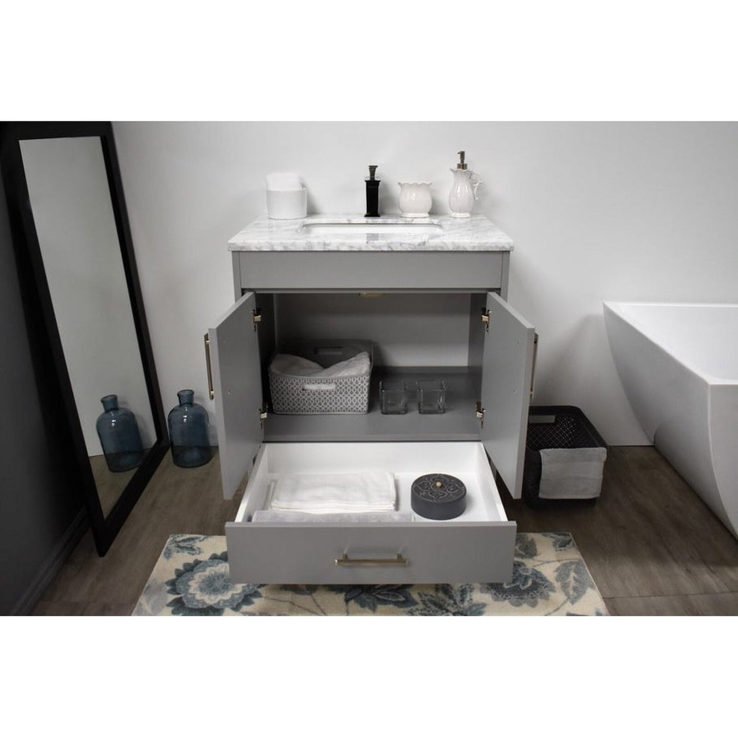 Volpa USA Capri 30" x 22" Gray Freestanding Modern Bathroom Vanity With Preinstalled Undermount Sink And Carrara Marble top With Brushed Nickel Edge Handles