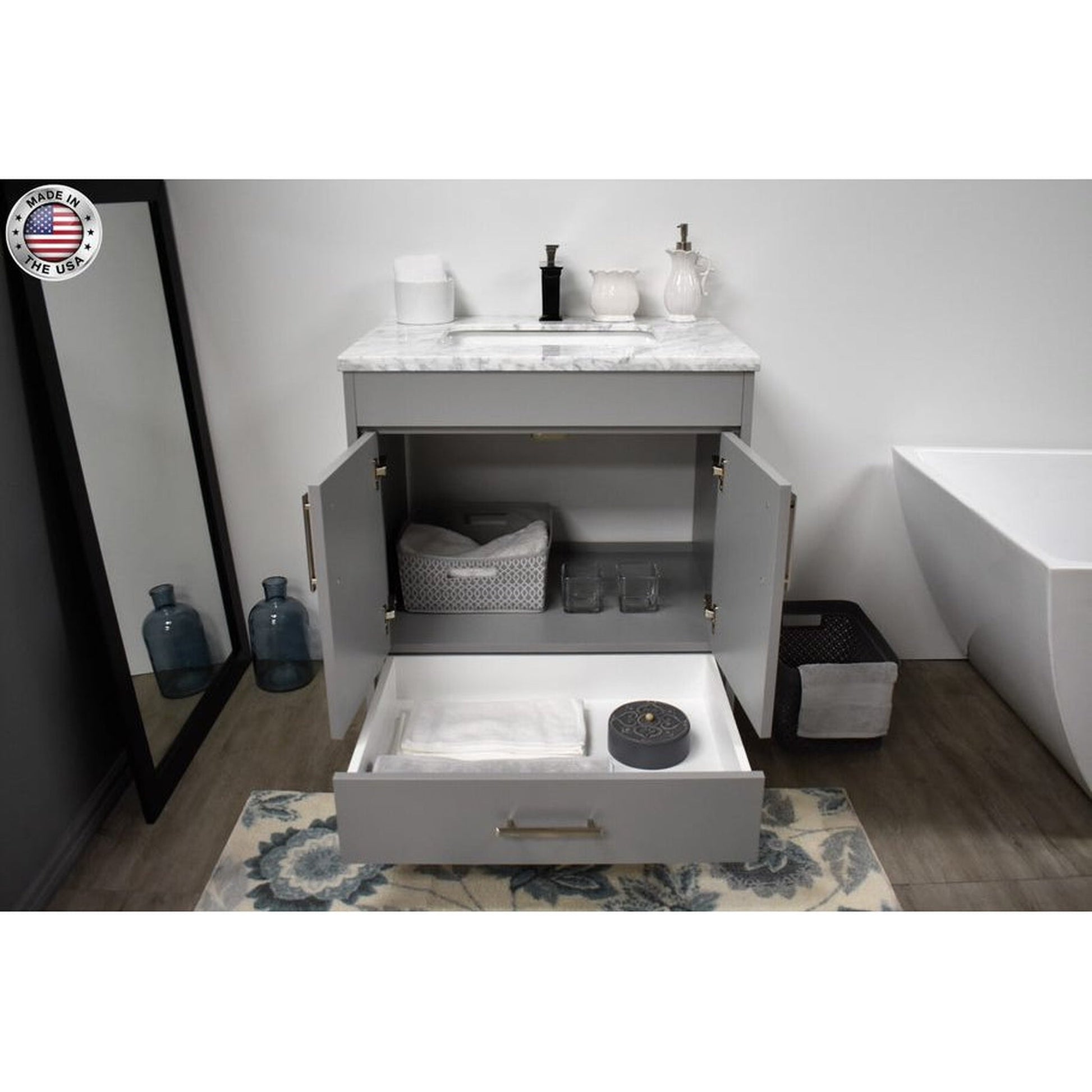 Volpa USA Capri 30" x 22" Gray Freestanding Modern Bathroom Vanity With Preinstalled Undermount Sink And Carrara Marble top With Brushed Nickel Edge Handles