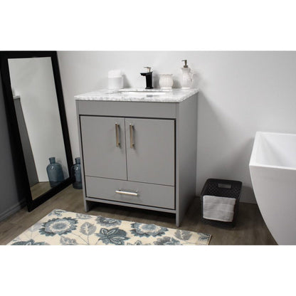 Volpa USA Capri 30" x 22" Gray Freestanding Modern Bathroom Vanity With Preinstalled Undermount Sink And Carrara Marble top With Brushed Nickel Edge Handles