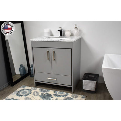 Volpa USA Capri 30" x 22" Gray Freestanding Modern Bathroom Vanity With Preinstalled Undermount Sink And Carrara Marble top With Brushed Nickel Edge Handles