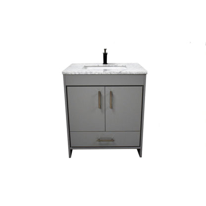 Volpa USA Capri 30" x 22" Gray Freestanding Modern Bathroom Vanity With Preinstalled Undermount Sink And Carrara Marble top With Brushed Nickel Edge Handles