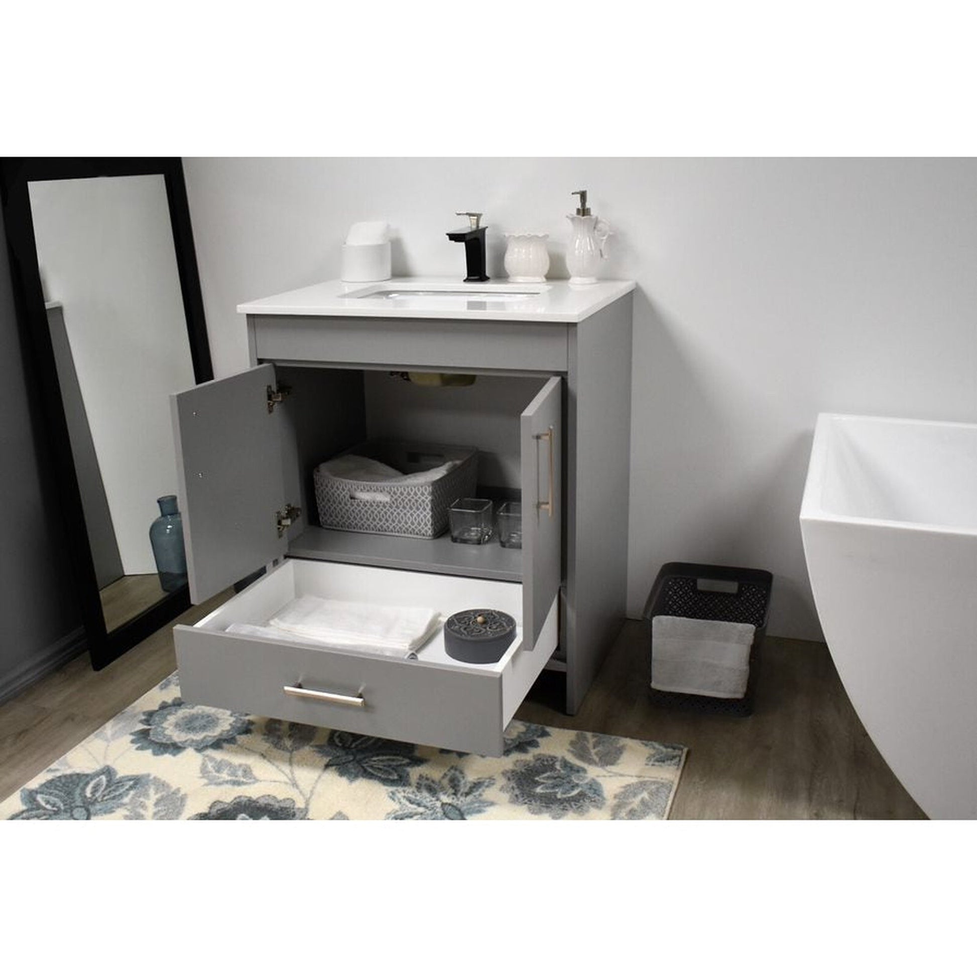 Volpa USA Capri 30" x 22" Gray Freestanding Modern Bathroom Vanity With Preinstalled Undermount Sink And White Microstone Top With Brushed Nickel Edge Handles