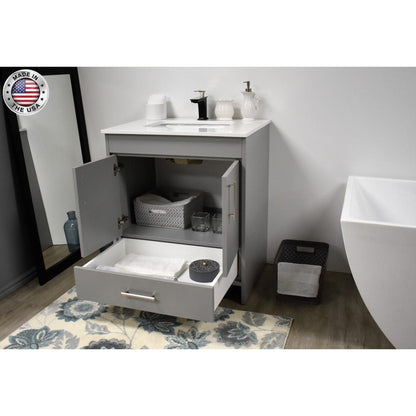 Volpa USA Capri 30" x 22" Gray Freestanding Modern Bathroom Vanity With Preinstalled Undermount Sink And White Microstone Top With Brushed Nickel Edge Handles