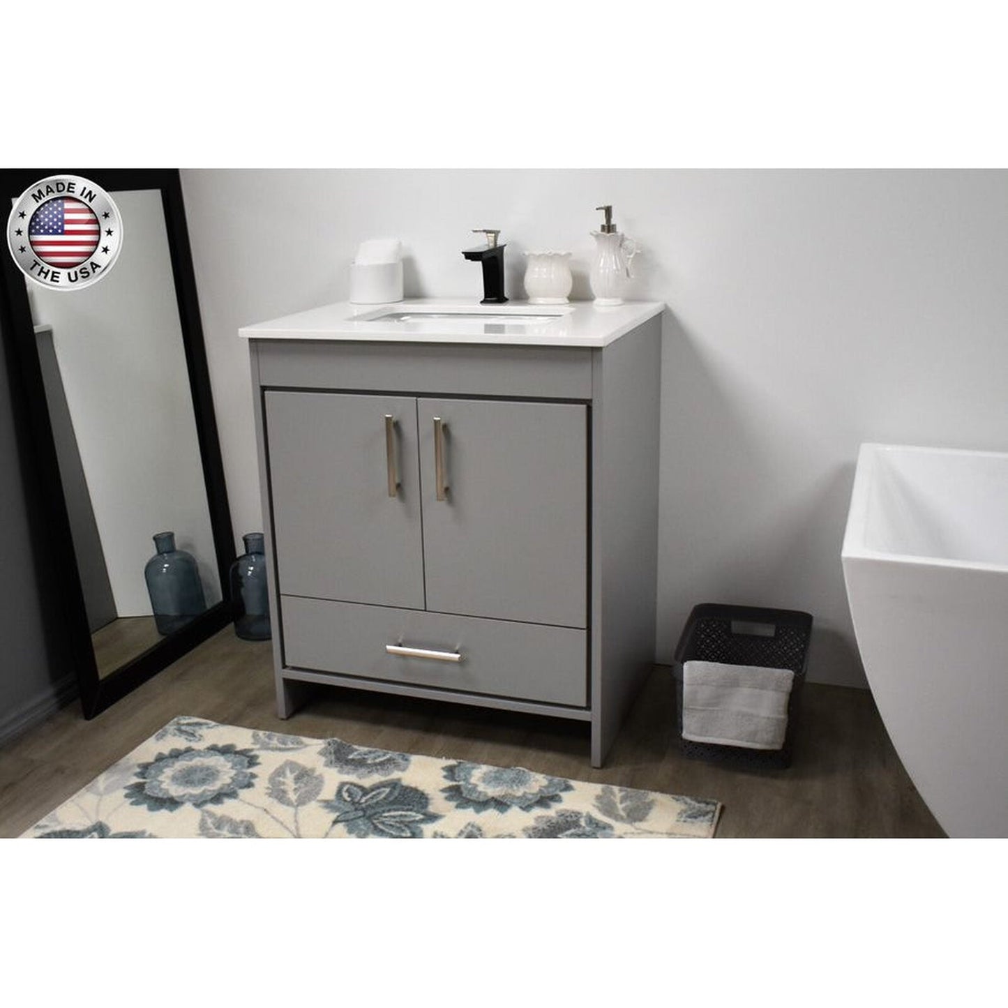 Volpa USA Capri 30" x 22" Gray Freestanding Modern Bathroom Vanity With Preinstalled Undermount Sink And White Microstone Top With Brushed Nickel Edge Handles