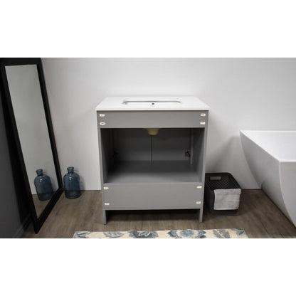 Volpa USA Capri 30" x 22" Gray Freestanding Modern Bathroom Vanity With Preinstalled Undermount Sink And White Microstone Top With Brushed Nickel Edge Handles