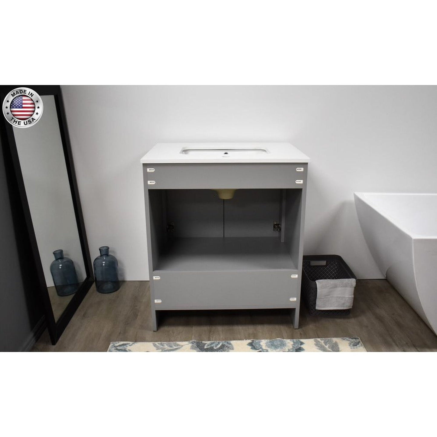 Volpa USA Capri 30" x 22" Gray Freestanding Modern Bathroom Vanity With Preinstalled Undermount Sink And White Microstone Top With Brushed Nickel Edge Handles