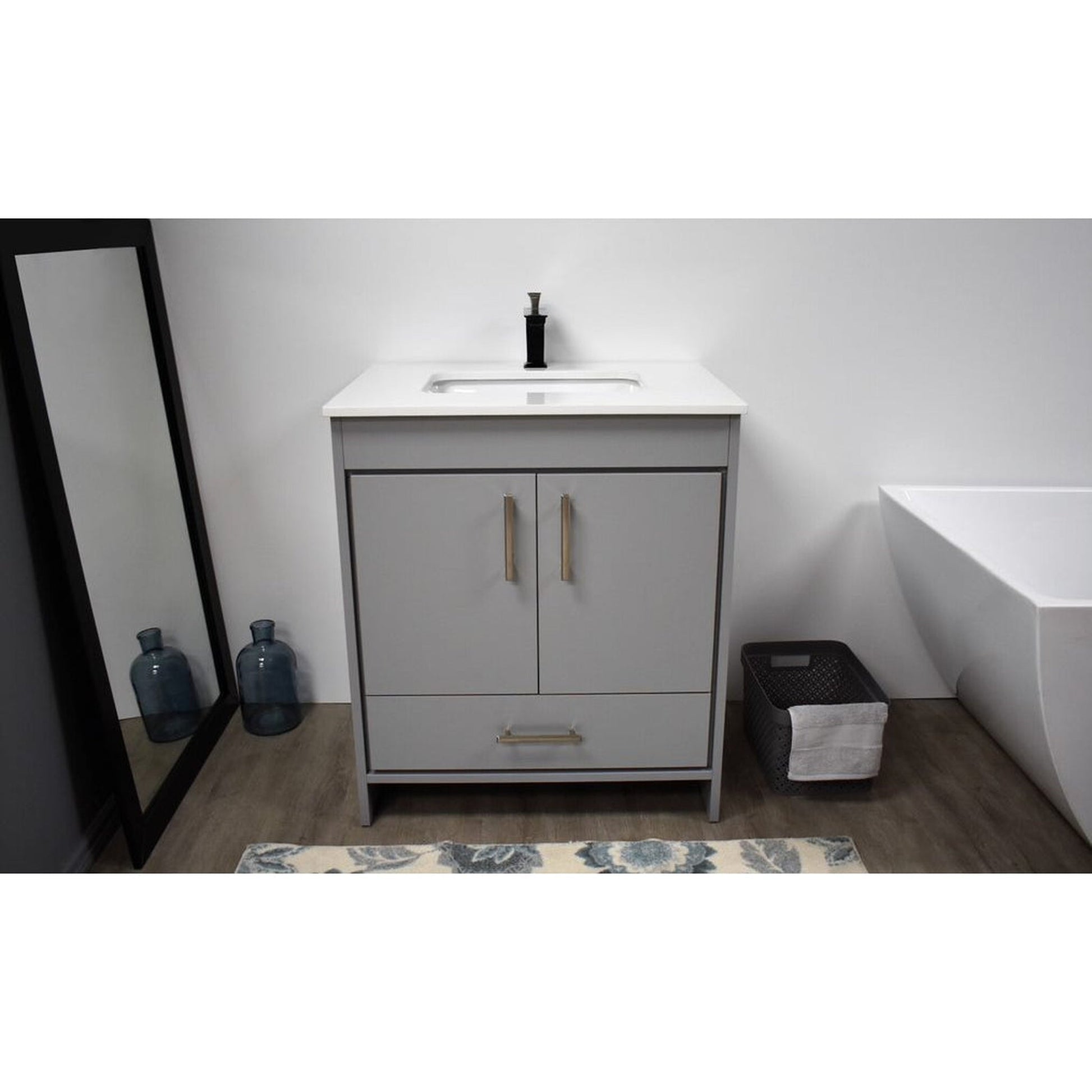 Volpa USA Capri 30" x 22" Gray Freestanding Modern Bathroom Vanity With Preinstalled Undermount Sink And White Microstone Top With Brushed Nickel Edge Handles