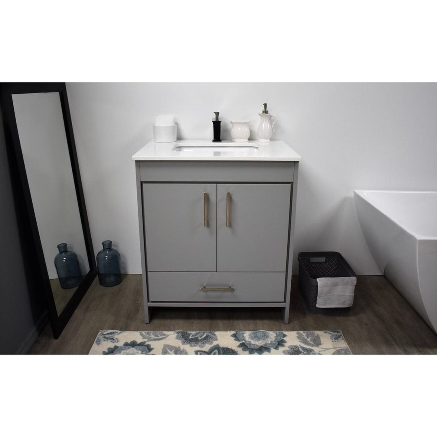 Volpa USA Capri 30" x 22" Gray Freestanding Modern Bathroom Vanity With Preinstalled Undermount Sink And White Microstone Top With Brushed Nickel Edge Handles