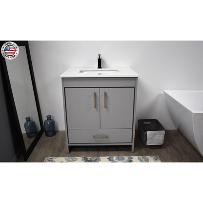 Volpa USA Capri 30" x 22" Gray Freestanding Modern Bathroom Vanity With Preinstalled Undermount Sink And White Microstone Top With Brushed Nickel Edge Handles
