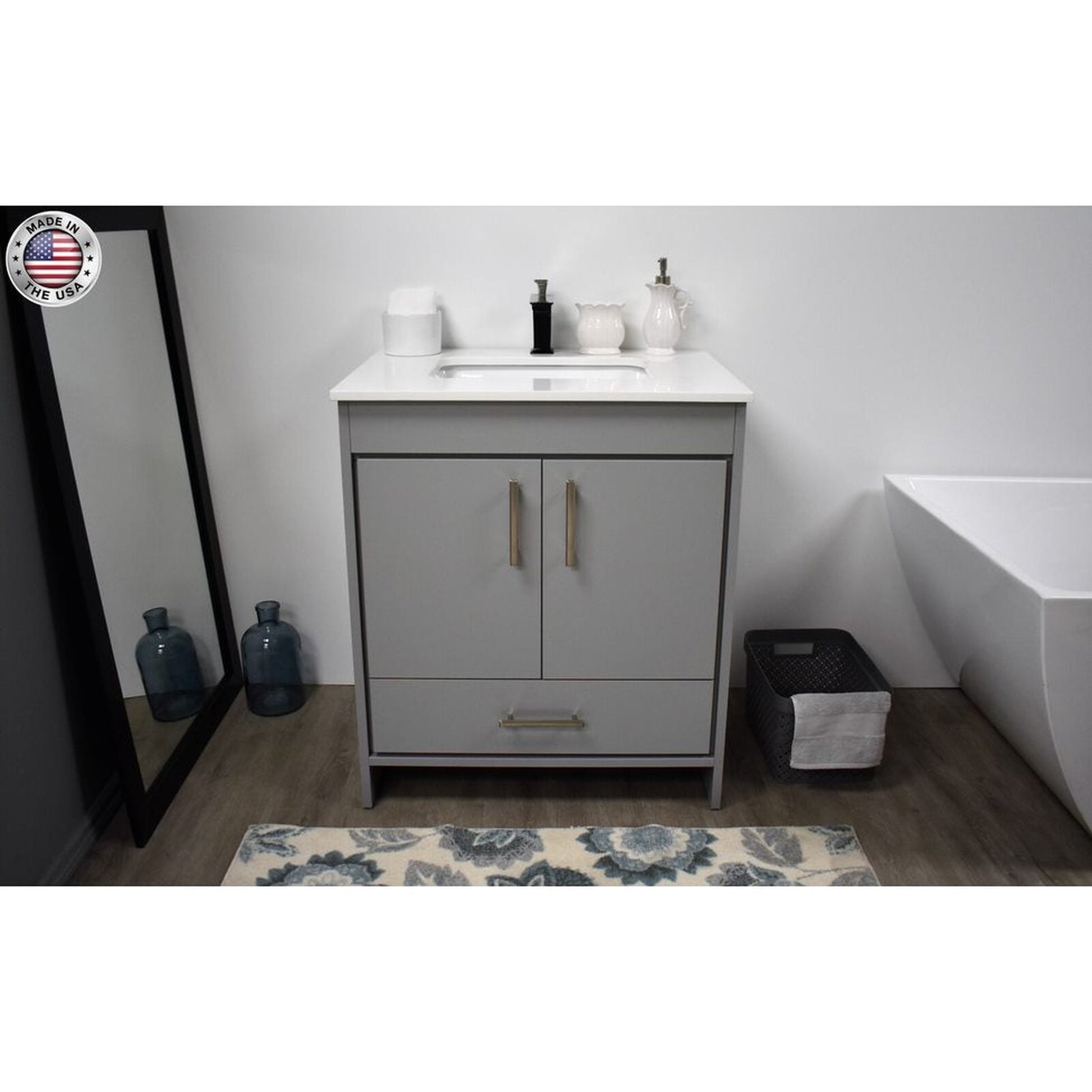 Volpa USA Capri 30" x 22" Gray Freestanding Modern Bathroom Vanity With Preinstalled Undermount Sink And White Microstone Top With Brushed Nickel Edge Handles