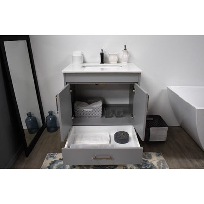 Volpa USA Capri 30" x 22" Gray Freestanding Modern Bathroom Vanity With Preinstalled Undermount Sink And White Microstone Top With Brushed Nickel Edge Handles