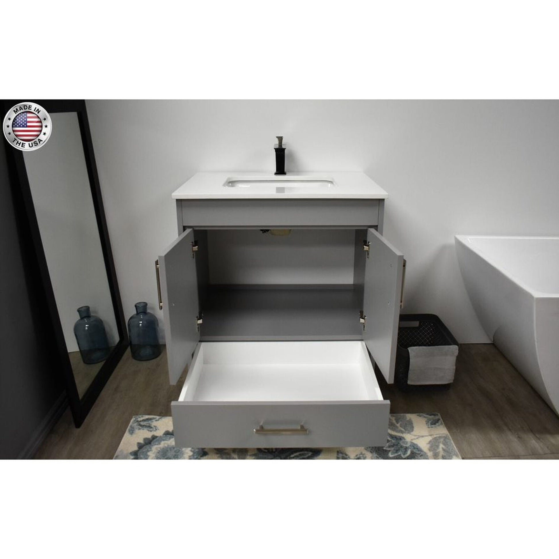 Volpa USA Capri 30" x 22" Gray Freestanding Modern Bathroom Vanity With Preinstalled Undermount Sink And White Microstone Top With Brushed Nickel Edge Handles