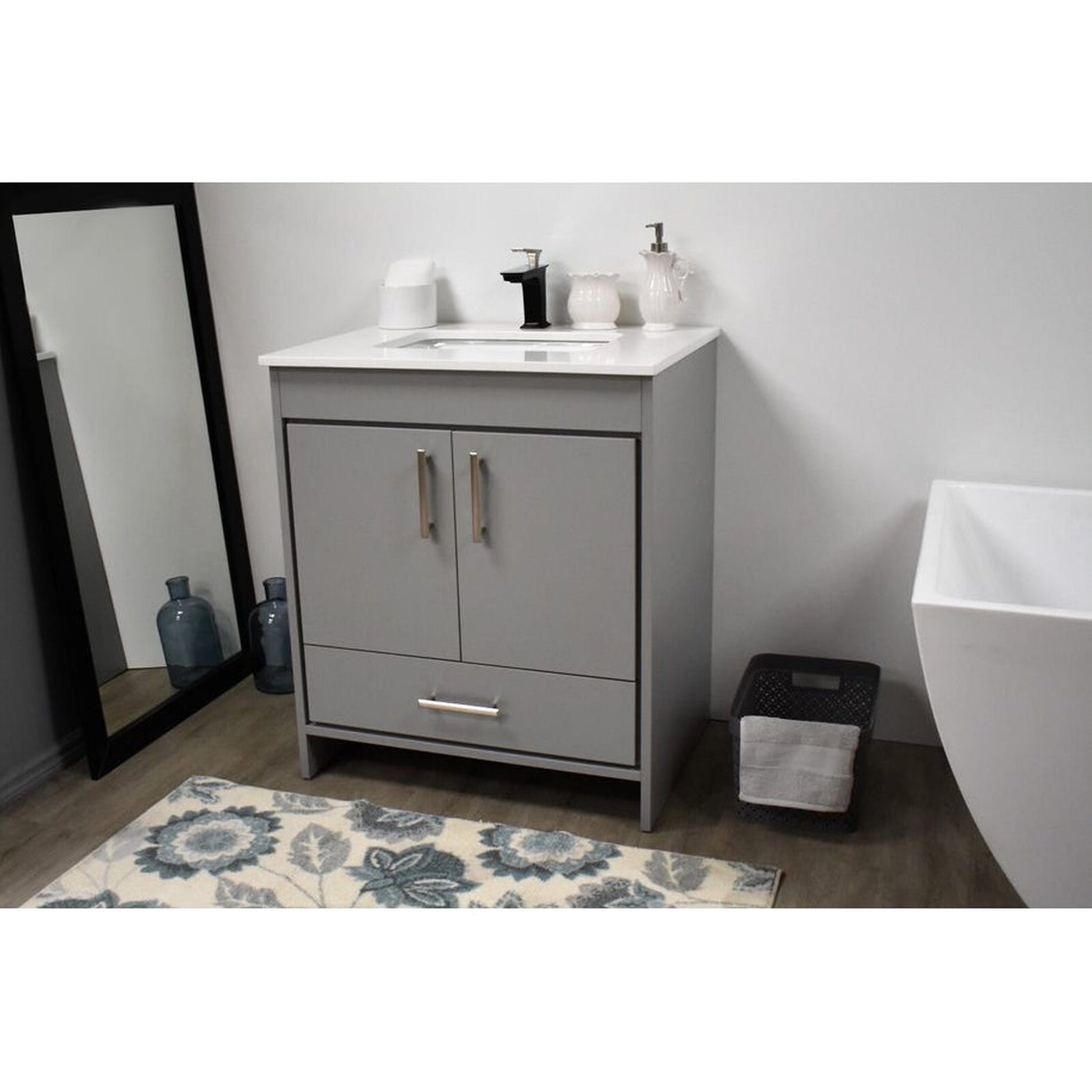 Volpa USA Capri 30" x 22" Gray Freestanding Modern Bathroom Vanity With Preinstalled Undermount Sink And White Microstone Top With Brushed Nickel Edge Handles