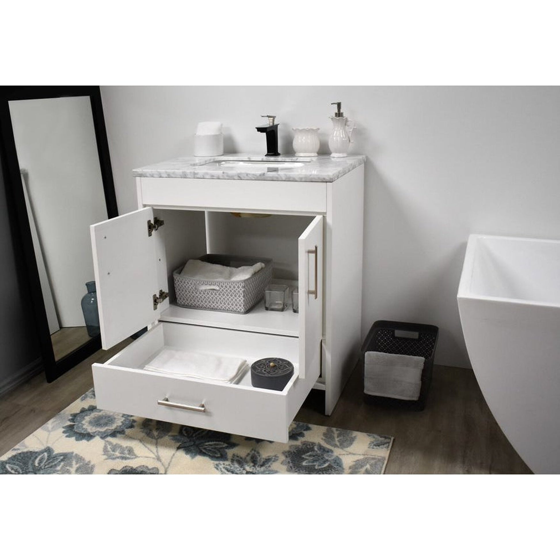 Volpa USA Capri 30" x 22" White Freestanding Modern Bathroom Vanity With Preinstalled Undermount Sink And Carrara Marble top With Brushed Nickel Edge Handles