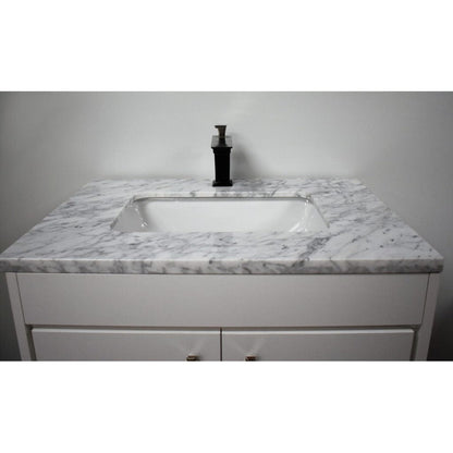 Volpa USA Capri 30" x 22" White Freestanding Modern Bathroom Vanity With Preinstalled Undermount Sink And Carrara Marble top With Brushed Nickel Edge Handles