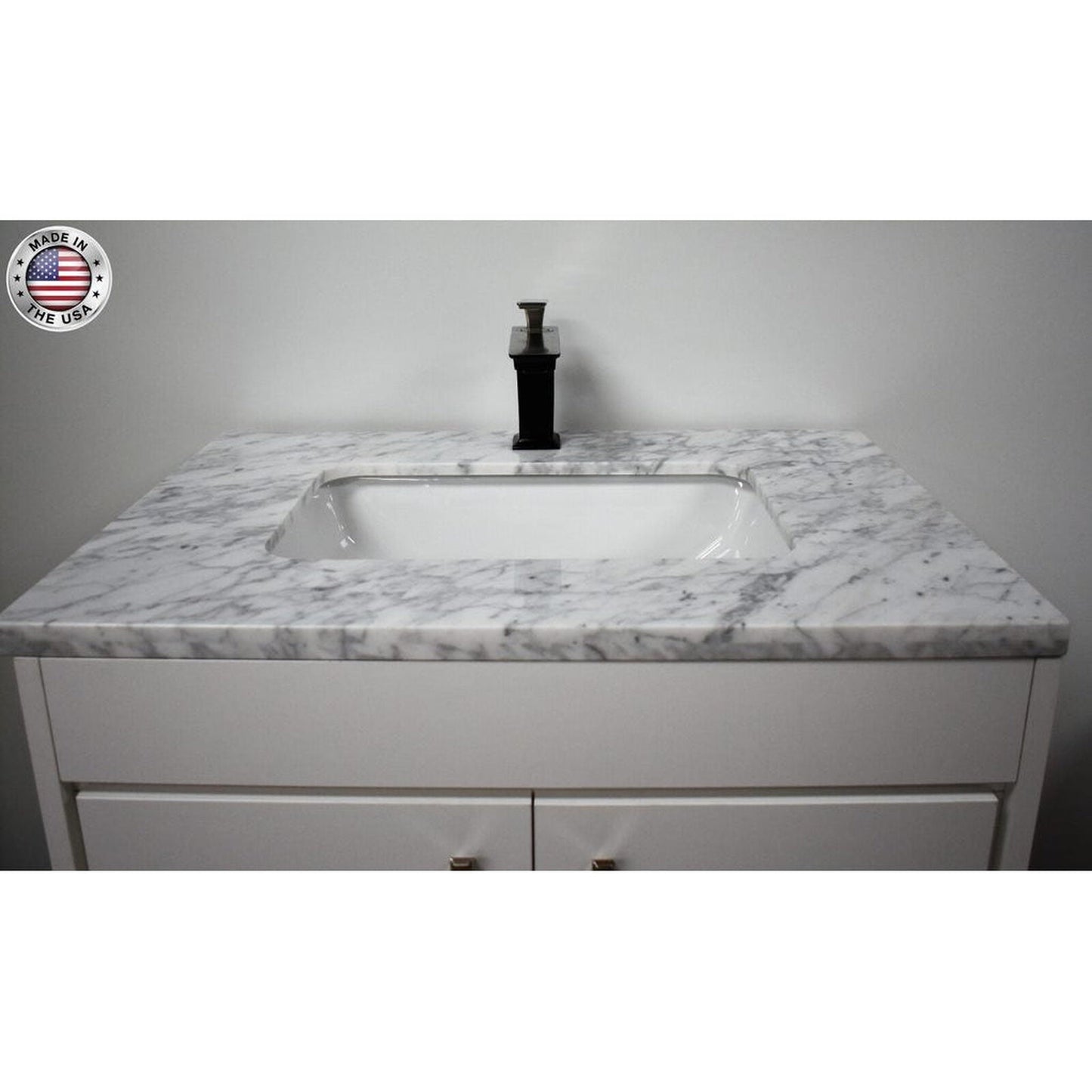 Volpa USA Capri 30" x 22" White Freestanding Modern Bathroom Vanity With Preinstalled Undermount Sink And Carrara Marble top With Brushed Nickel Edge Handles