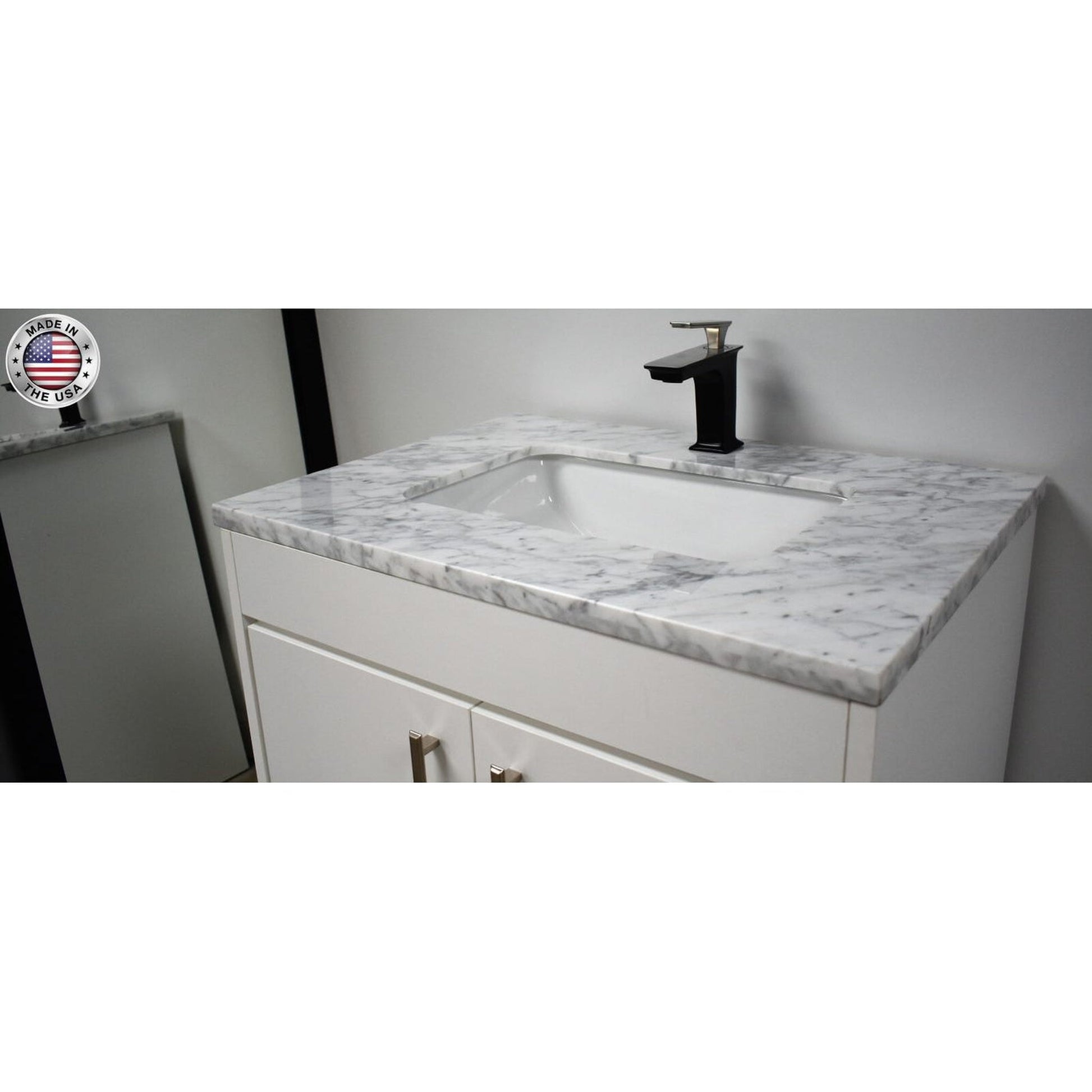 Volpa USA Capri 30" x 22" White Freestanding Modern Bathroom Vanity With Preinstalled Undermount Sink And Carrara Marble top With Brushed Nickel Edge Handles