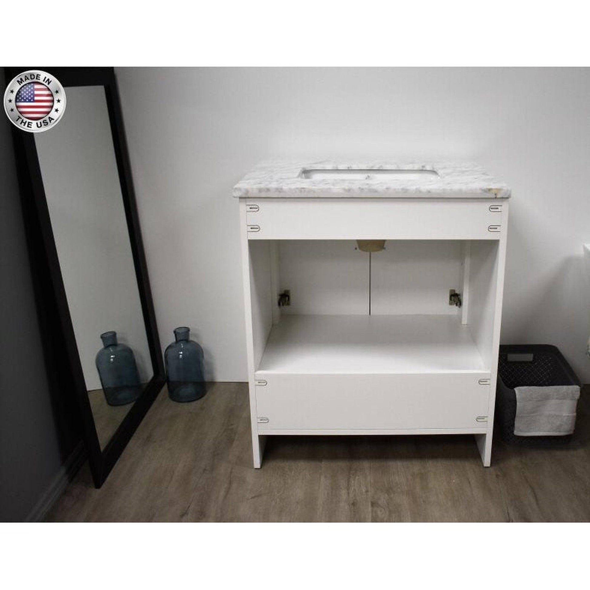 Volpa USA Capri 30" x 22" White Freestanding Modern Bathroom Vanity With Preinstalled Undermount Sink And Carrara Marble top With Brushed Nickel Edge Handles