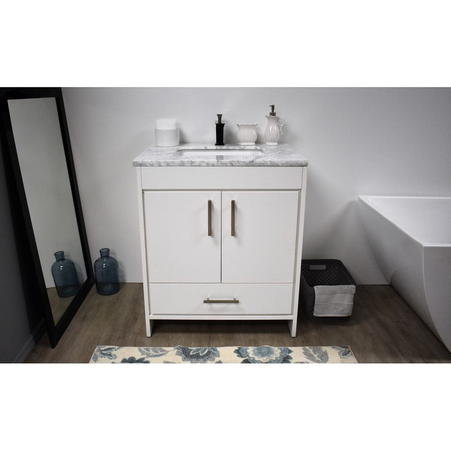 Volpa USA Capri 30" x 22" White Freestanding Modern Bathroom Vanity With Preinstalled Undermount Sink And Carrara Marble top With Brushed Nickel Edge Handles