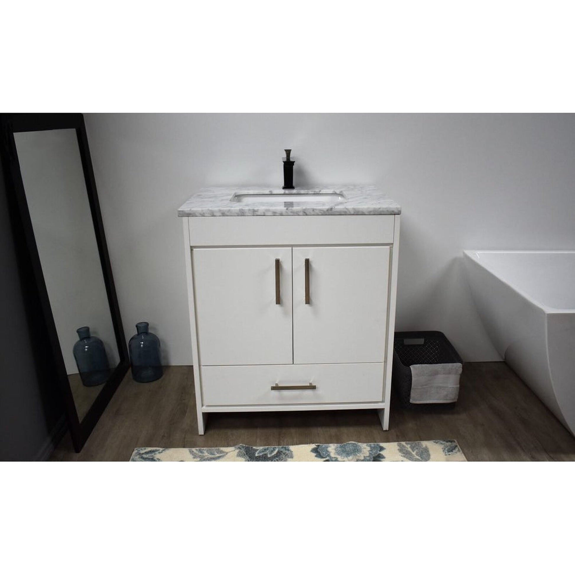 Volpa USA Capri 30" x 22" White Freestanding Modern Bathroom Vanity With Preinstalled Undermount Sink And Carrara Marble top With Brushed Nickel Edge Handles