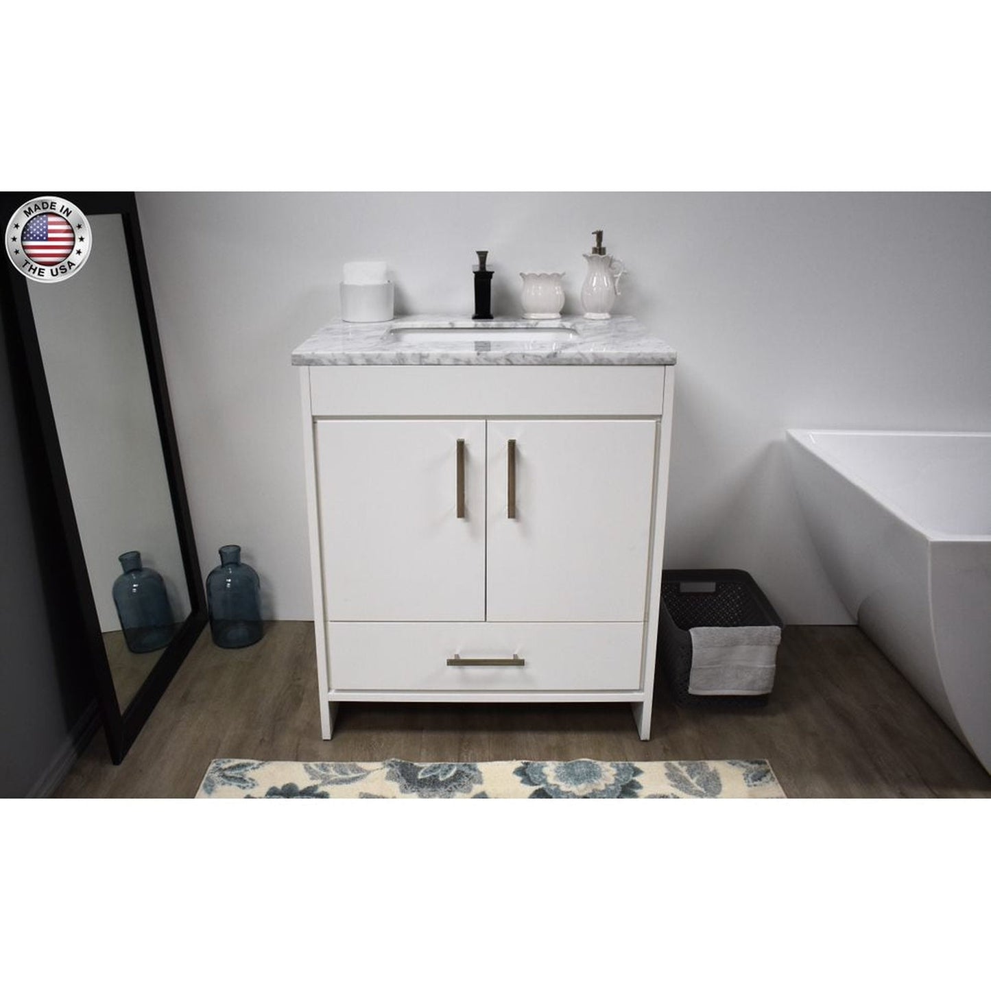 Volpa USA Capri 30" x 22" White Freestanding Modern Bathroom Vanity With Preinstalled Undermount Sink And Carrara Marble top With Brushed Nickel Edge Handles