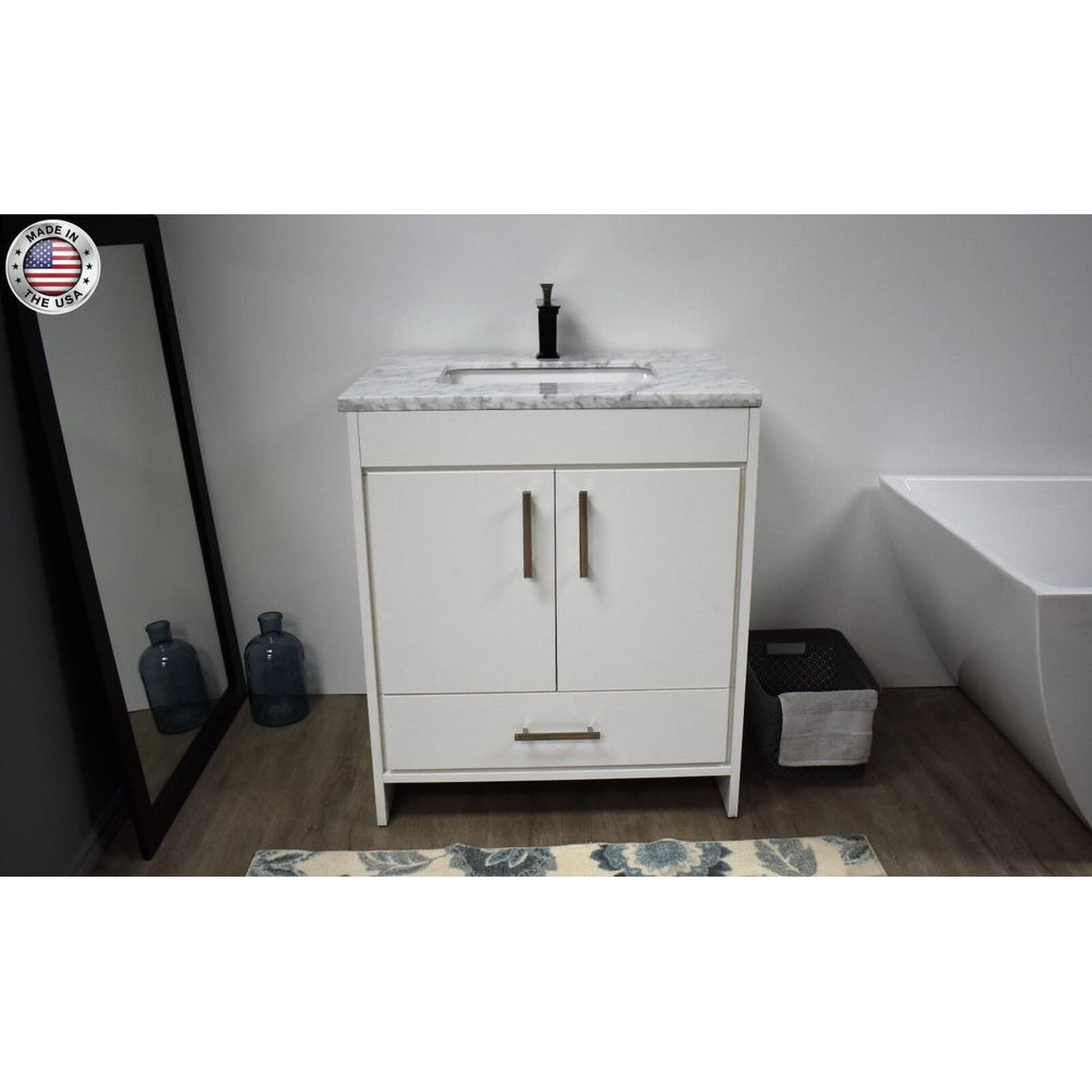 Volpa USA Capri 30" x 22" White Freestanding Modern Bathroom Vanity With Preinstalled Undermount Sink And Carrara Marble top With Brushed Nickel Edge Handles