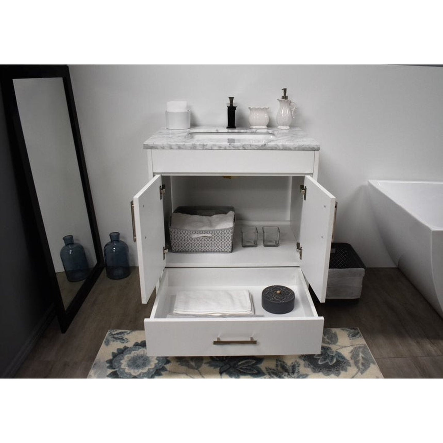 Volpa USA Capri 30" x 22" White Freestanding Modern Bathroom Vanity With Preinstalled Undermount Sink And Carrara Marble top With Brushed Nickel Edge Handles