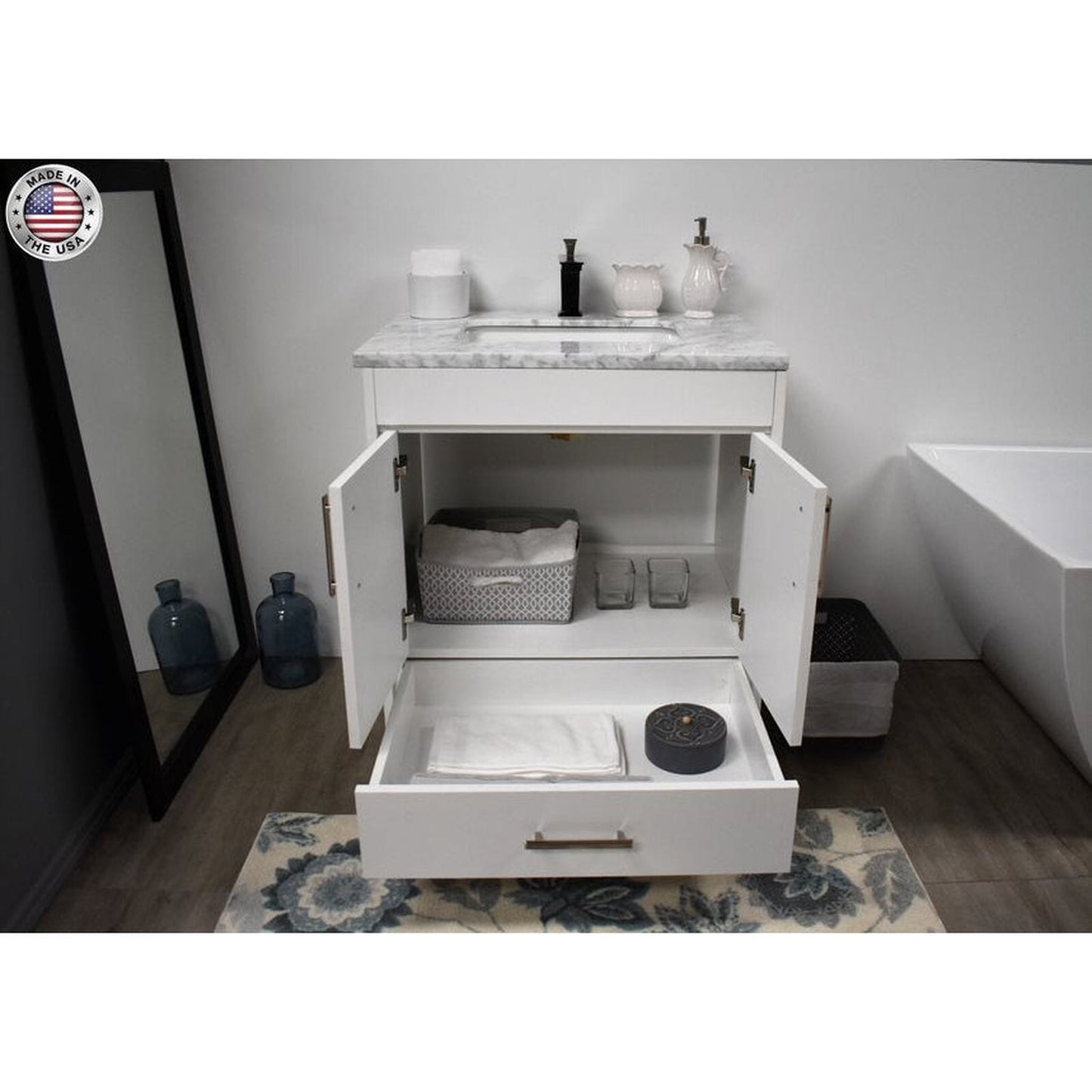 Volpa USA Capri 30" x 22" White Freestanding Modern Bathroom Vanity With Preinstalled Undermount Sink And Carrara Marble top With Brushed Nickel Edge Handles