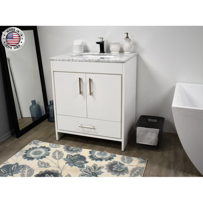 Volpa USA Capri 30" x 22" White Freestanding Modern Bathroom Vanity With Preinstalled Undermount Sink And Carrara Marble top With Brushed Nickel Edge Handles