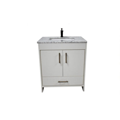 Volpa USA Capri 30" x 22" White Freestanding Modern Bathroom Vanity With Preinstalled Undermount Sink And Carrara Marble top With Brushed Nickel Edge Handles