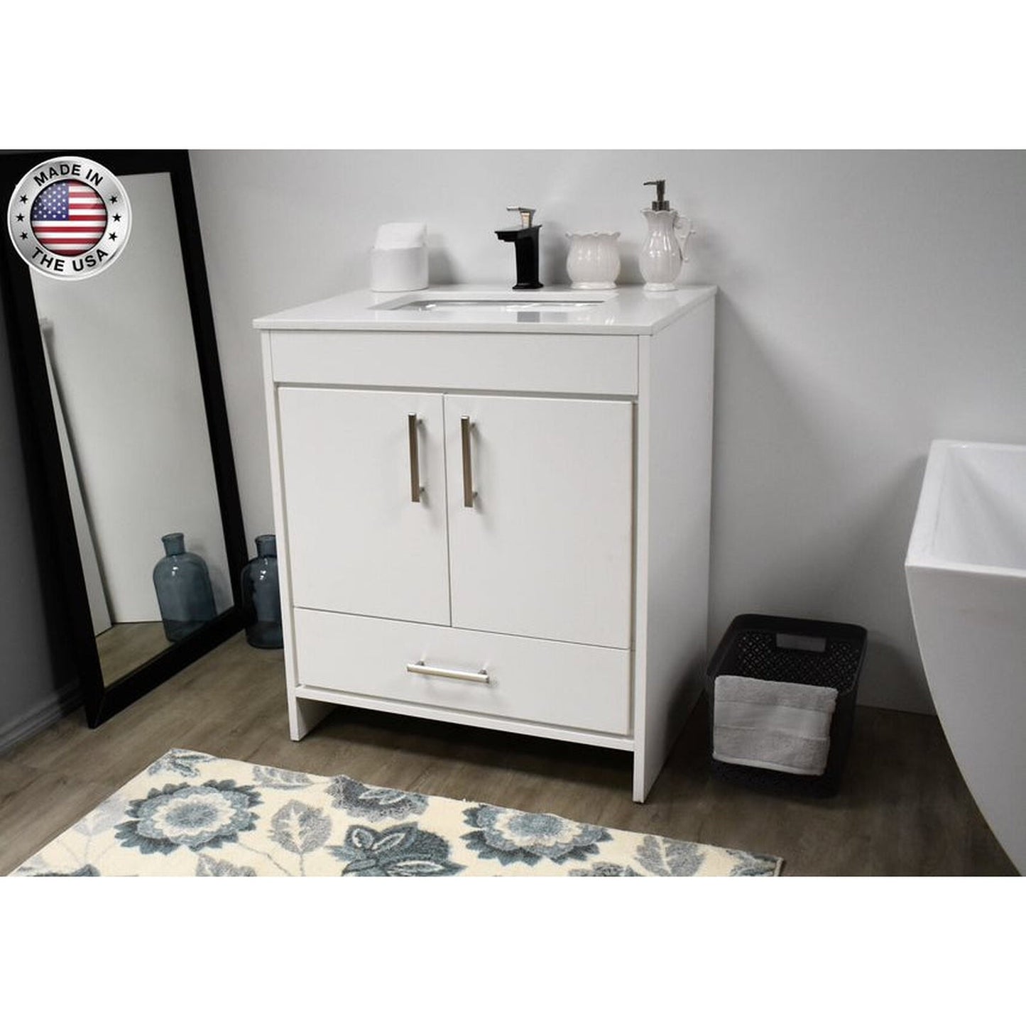 Volpa USA Capri 30" x 22" White Freestanding Modern Bathroom Vanity With Preinstalled Undermount Sink And White Microstone Top With Brushed Nickel Edge Handles