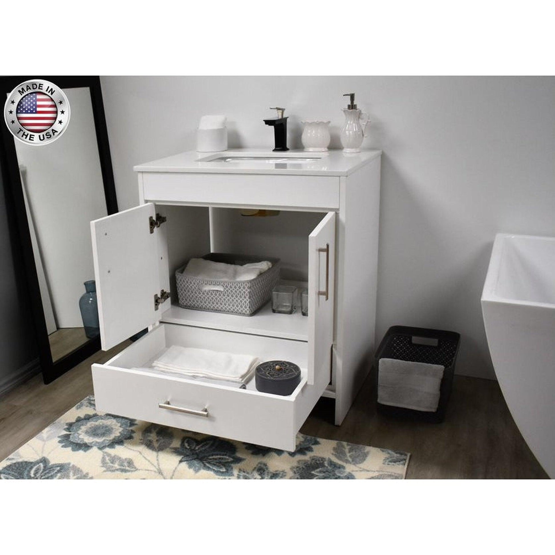 Volpa USA Capri 30" x 22" White Freestanding Modern Bathroom Vanity With Preinstalled Undermount Sink And White Microstone Top With Brushed Nickel Edge Handles