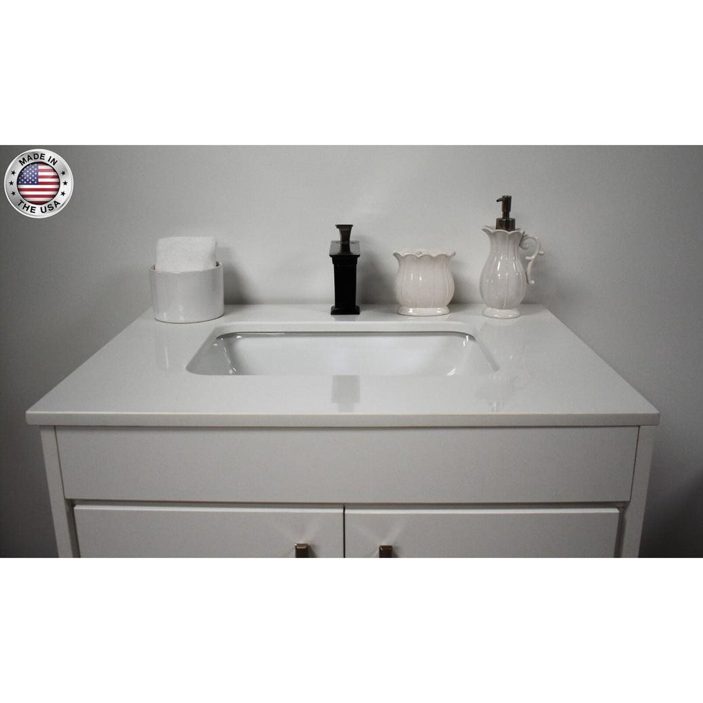 Volpa USA Capri 30" x 22" White Freestanding Modern Bathroom Vanity With Preinstalled Undermount Sink And White Microstone Top With Brushed Nickel Edge Handles