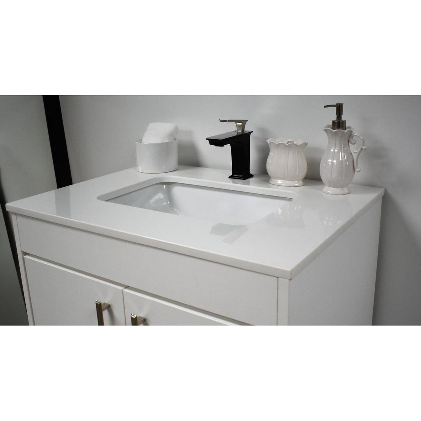 Volpa USA Capri 30" x 22" White Freestanding Modern Bathroom Vanity With Preinstalled Undermount Sink And White Microstone Top With Brushed Nickel Edge Handles