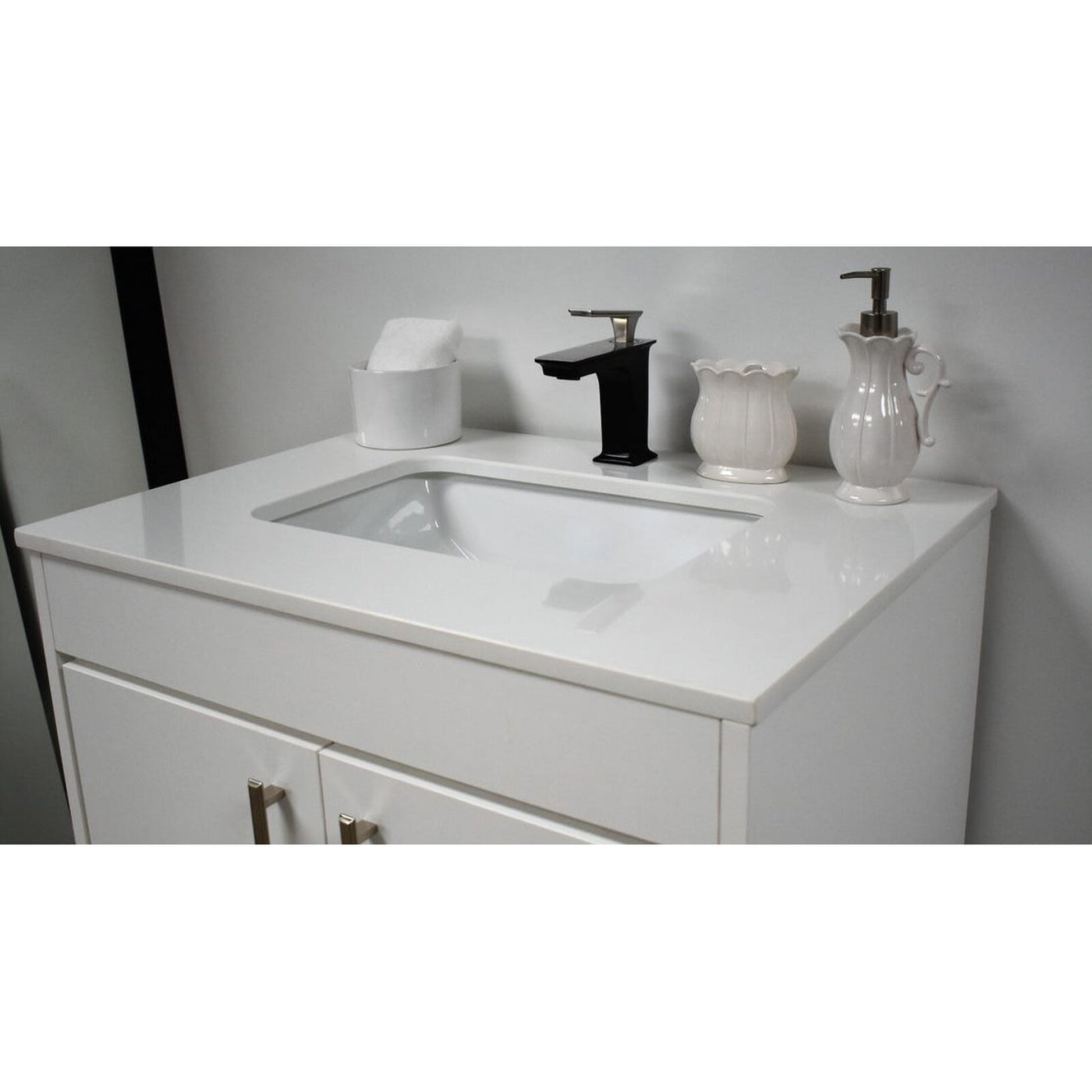 Volpa USA Capri 30" x 22" White Freestanding Modern Bathroom Vanity With Preinstalled Undermount Sink And White Microstone Top With Brushed Nickel Edge Handles