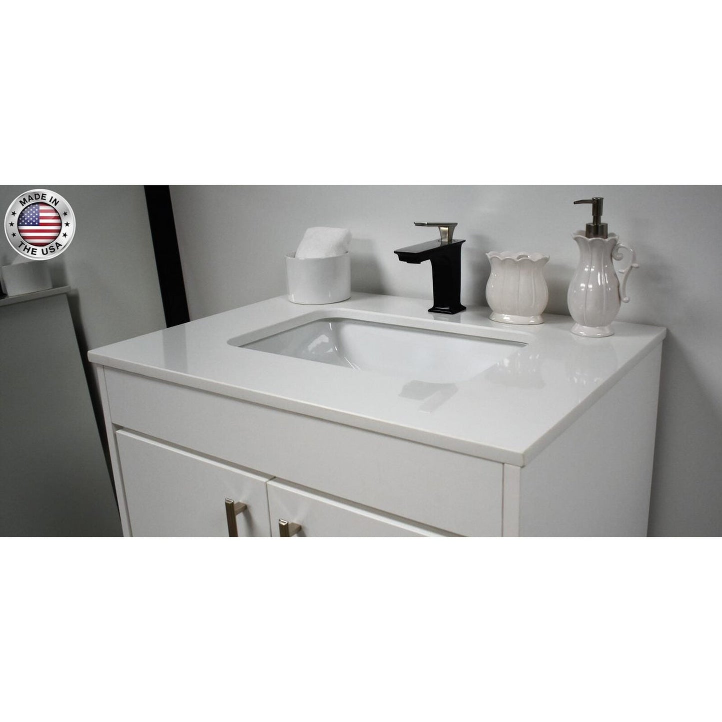 Volpa USA Capri 30" x 22" White Freestanding Modern Bathroom Vanity With Preinstalled Undermount Sink And White Microstone Top With Brushed Nickel Edge Handles