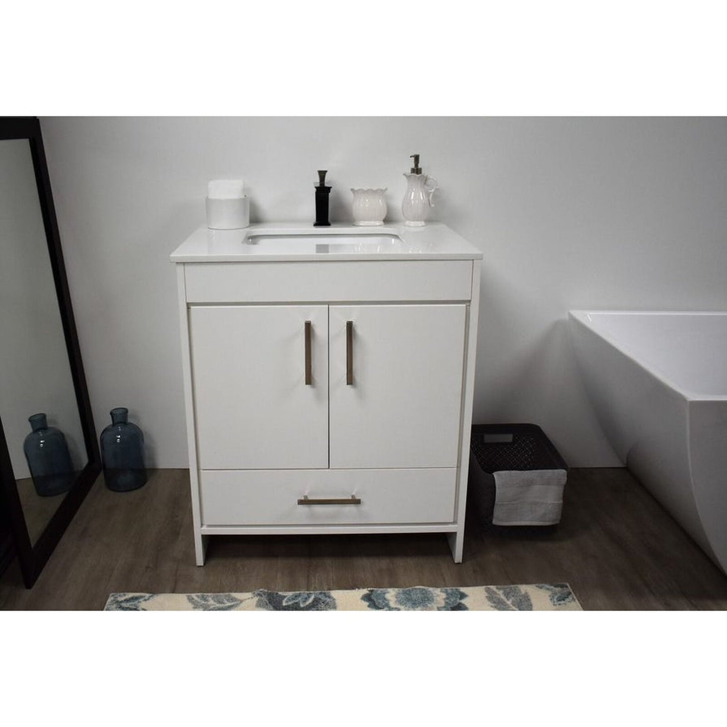 Volpa USA Capri 30" x 22" White Freestanding Modern Bathroom Vanity With Preinstalled Undermount Sink And White Microstone Top With Brushed Nickel Edge Handles