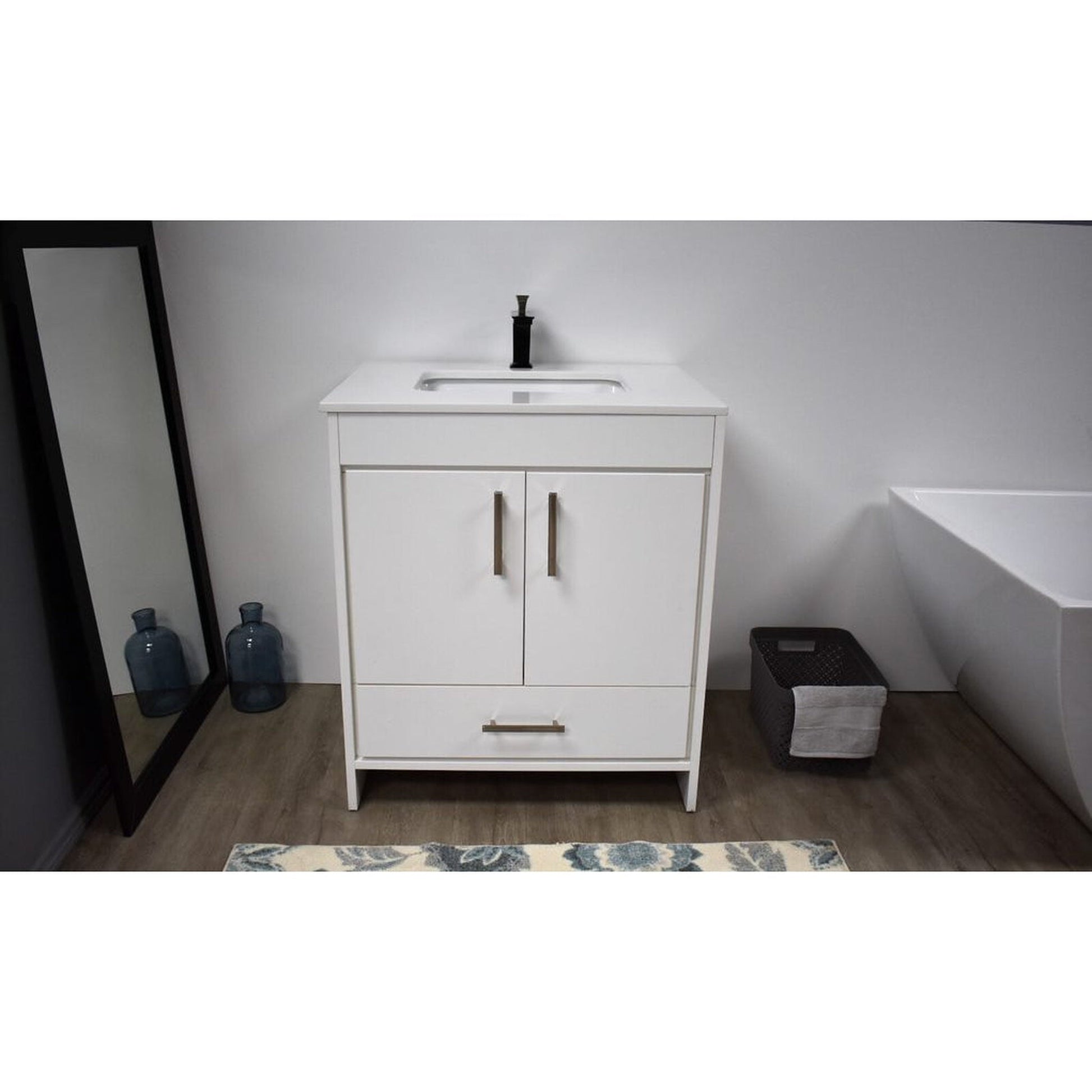 Volpa USA Capri 30" x 22" White Freestanding Modern Bathroom Vanity With Preinstalled Undermount Sink And White Microstone Top With Brushed Nickel Edge Handles