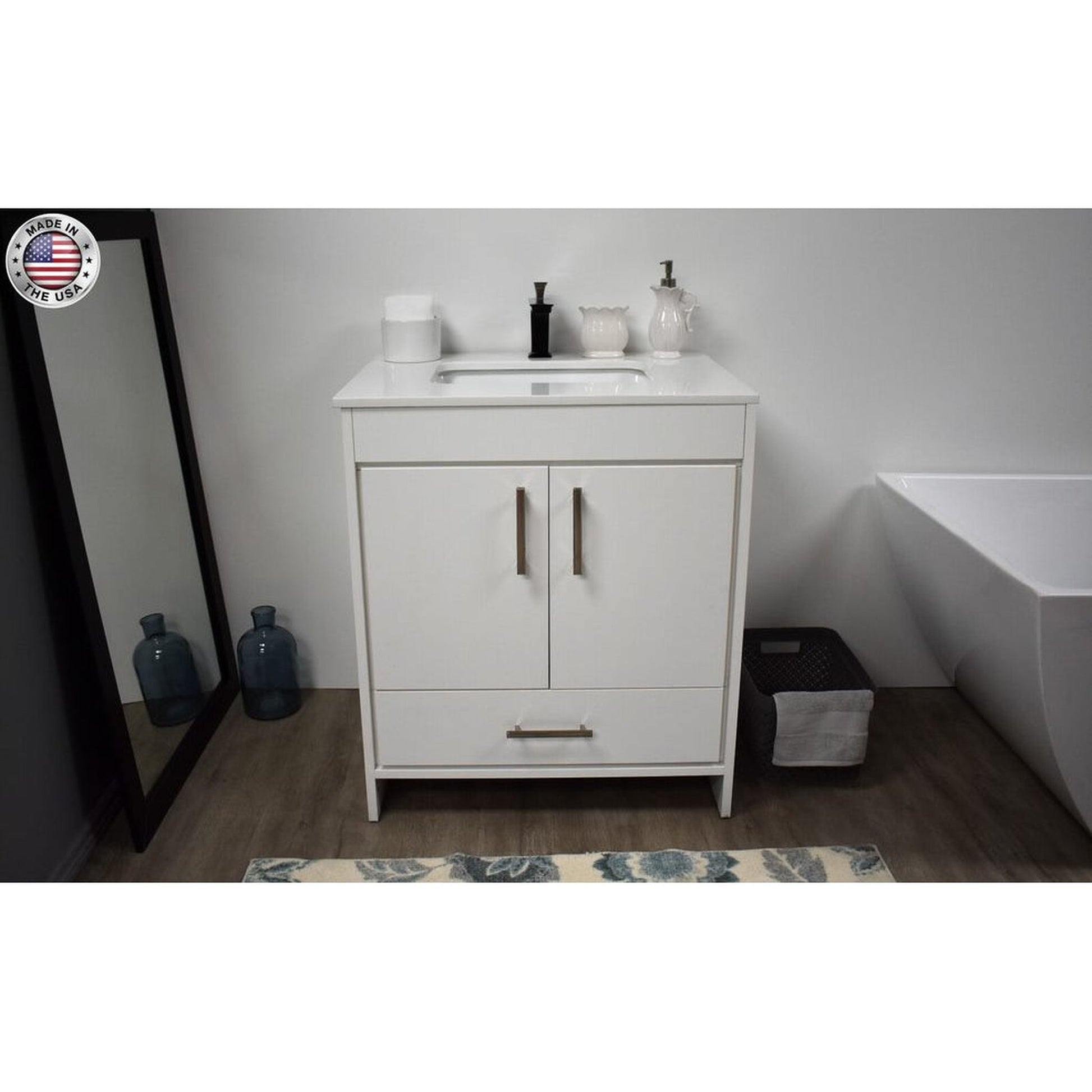 Volpa USA Capri 30" x 22" White Freestanding Modern Bathroom Vanity With Preinstalled Undermount Sink And White Microstone Top With Brushed Nickel Edge Handles